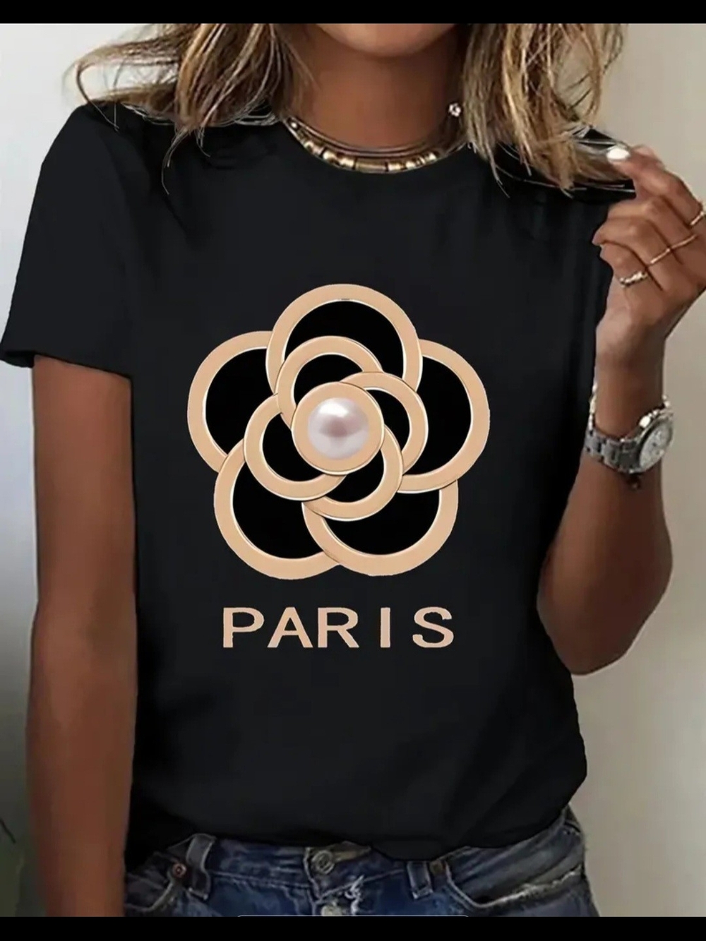 Paris Floral Pearl Graphic Tee - Black